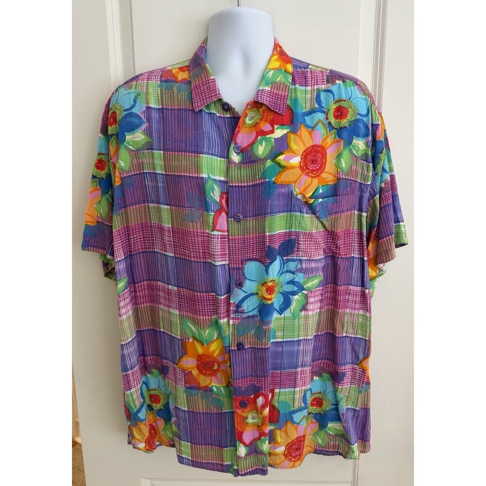 Jams World Men’s Hawaiian Aloha Shirt, Floral/Plaid, XL, GUC